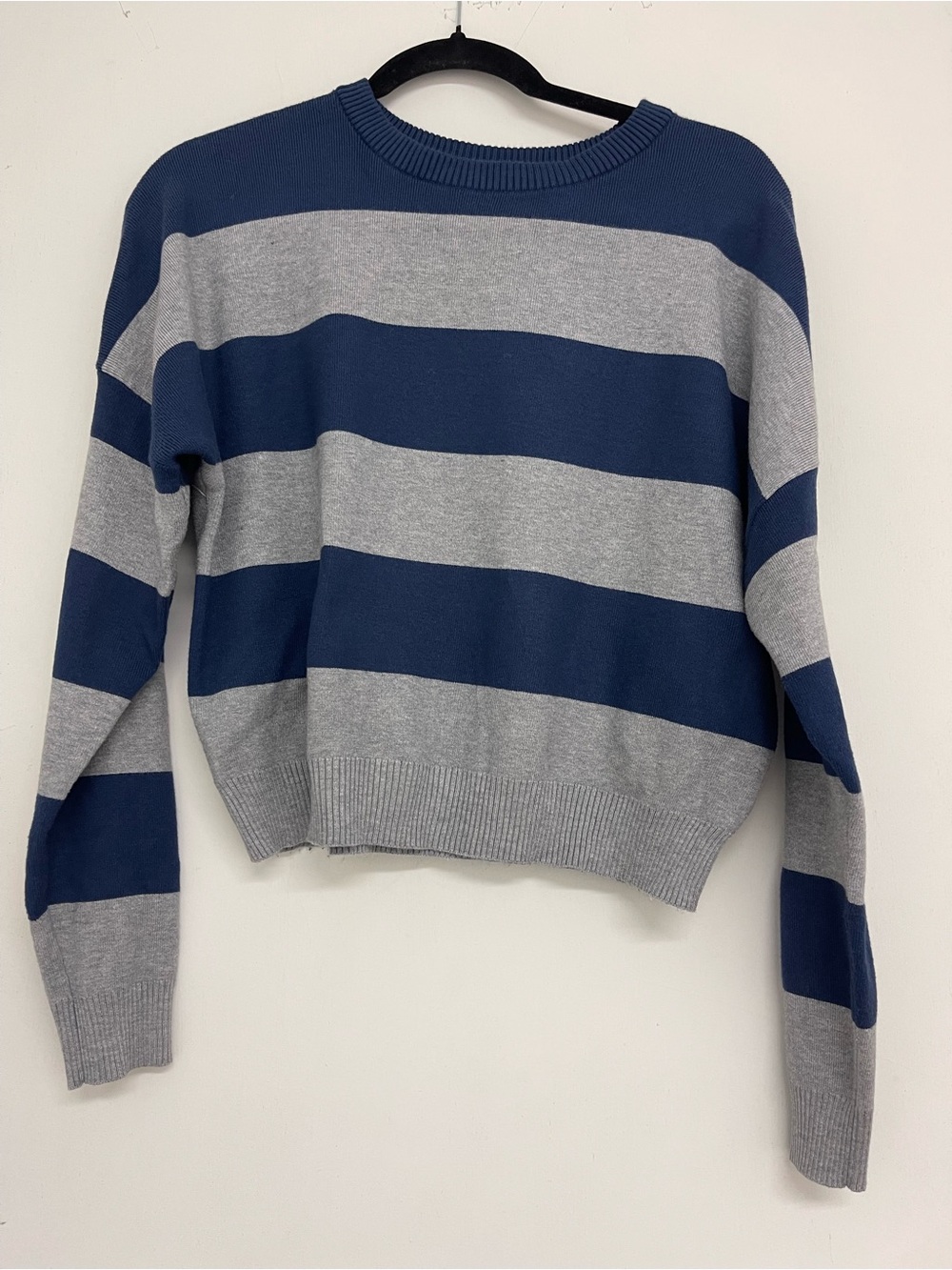 No Boundaries Navy and Gray Striped Crewneck Sweater